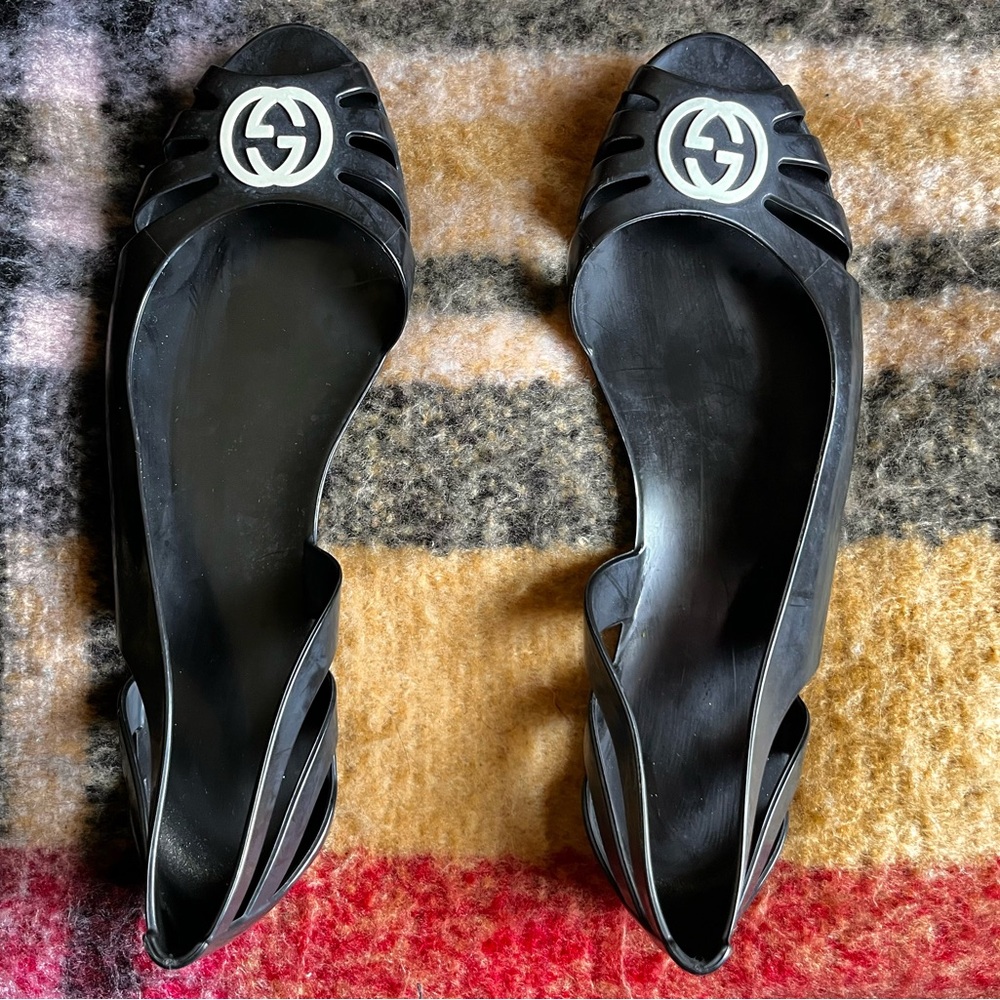 VINTAGE GUCCI *AUTHENTIC* BLACK RUBBER MAROLA BALLET FLATS - Picture 2 of 4